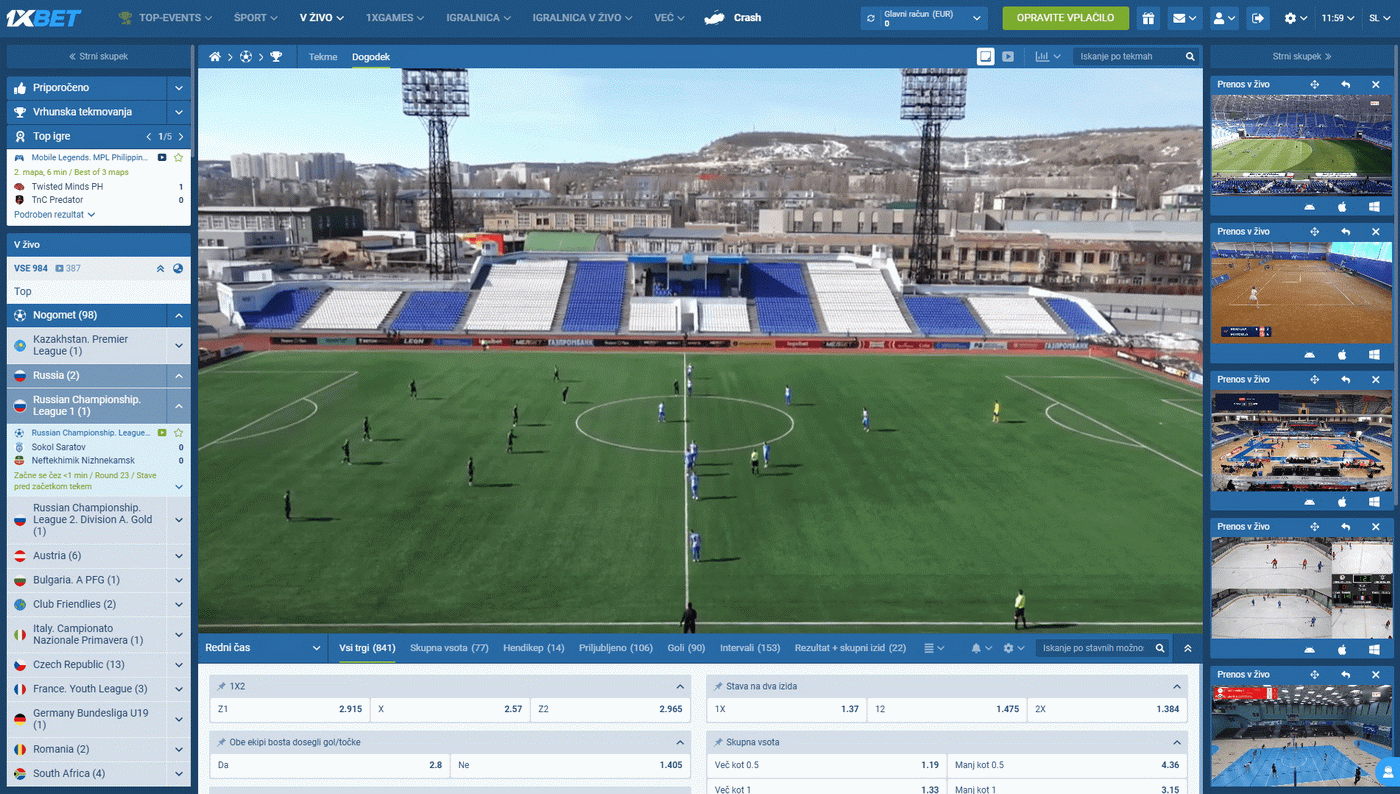 Športna stavnica 1xBet prenosi v živo